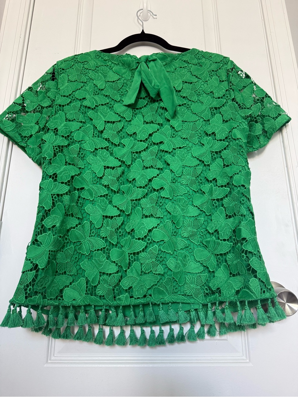 Talbots Green Floral Lace Short Sleeve Tassel Hem Top - Picture 4 of 7